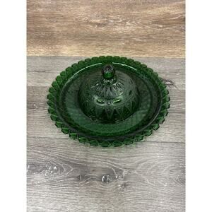 Anchor Hocking Diamond Pattern Green Platter with Small Dome Lid 14”